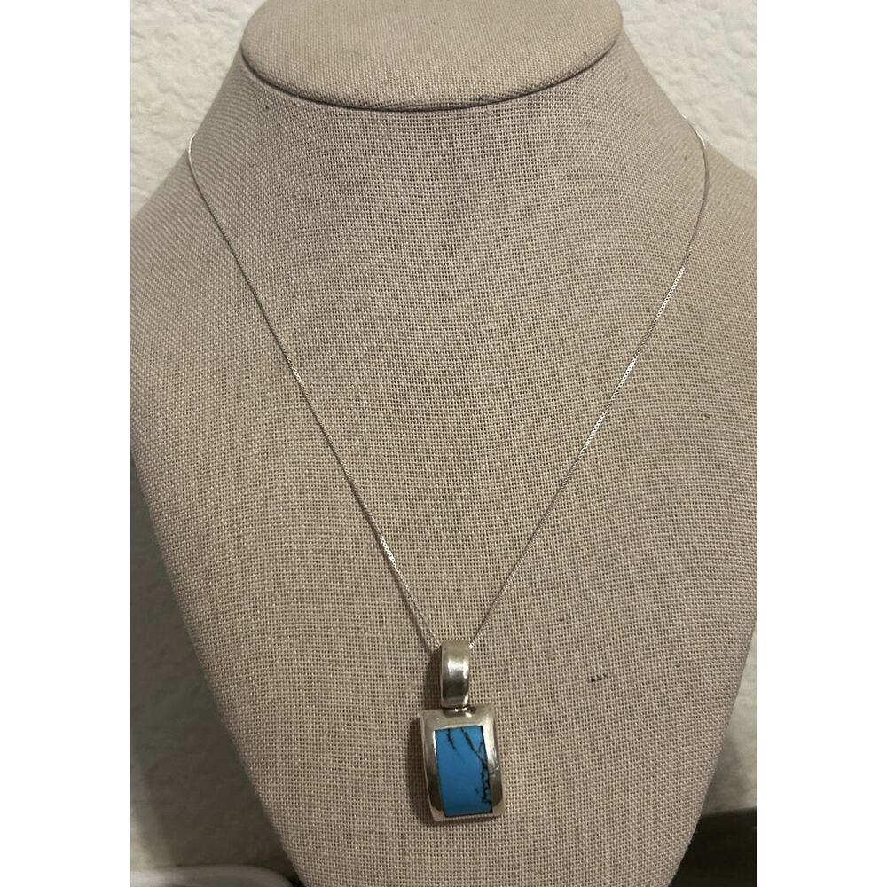 Sterling Chain with Taxco Turquoise Pendant TJ-76 Sterling Silver 925 - Picture 2 of 3
